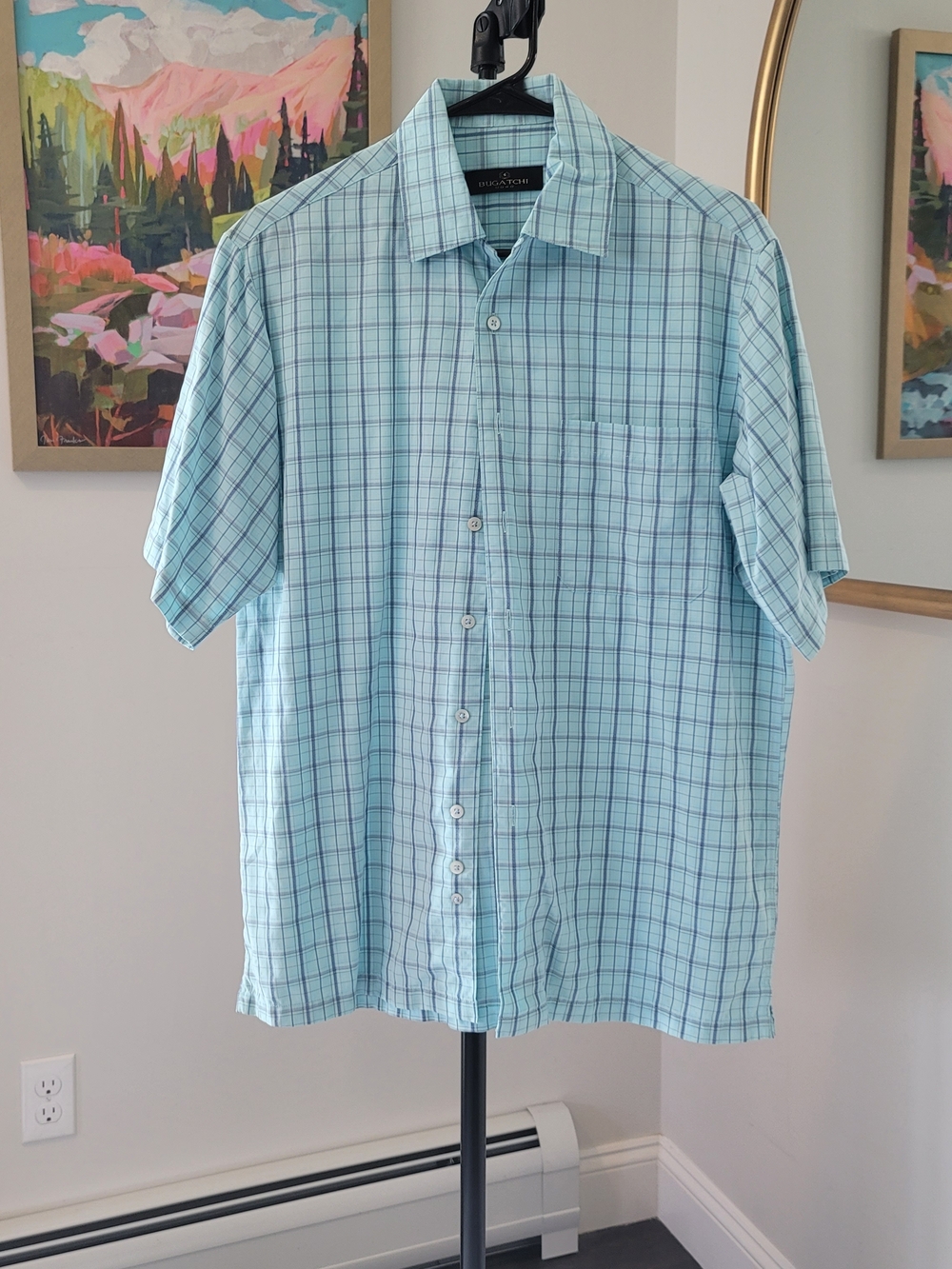 BUGATCHI UOMO Short Sleeve Button Down Shirt  Light Blue Plaid Men's Size S